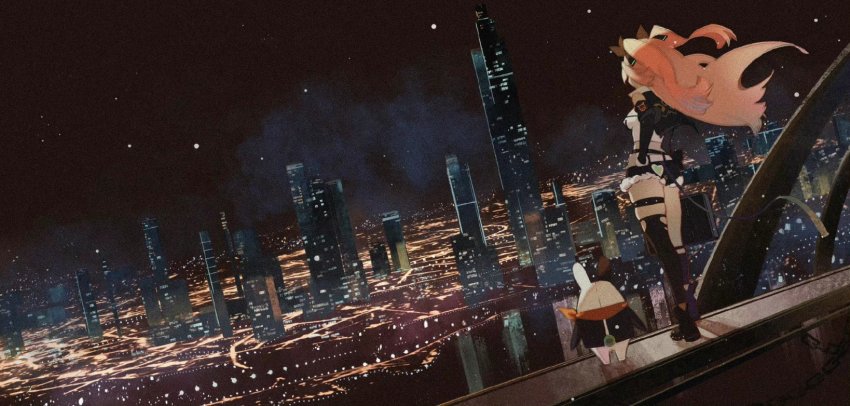 1girl, asymmetrical_legwear, bangboo_(zenless_zone_zero), city, cityscape, dutch_angle, from_behind, highres