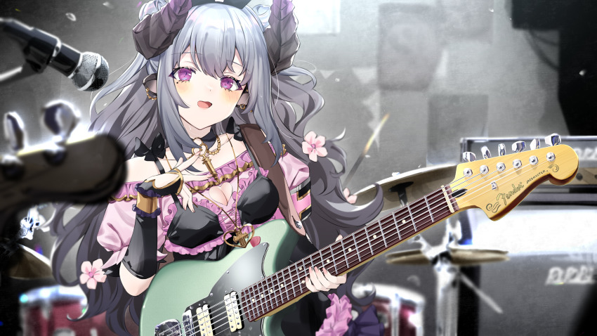 1girl, absurdres, animal_ears, bass_guitar, black_choker, black_dress, black_gloves, blush