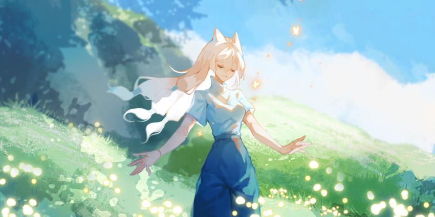 1girl, absurdres, animal_ears, bug, butterfly, cat_ears, cowboy_shot, day, closed_eyes, glowing_butterfly, grey_hair, highres, insect, long_hair, low-tied_long_hair, outdoors, pu_yo_yo, short_sleeves, sky:_children_of_the_light, solo, teth_(sky:_children_of_the_light), white_hair, yellow_butterfly