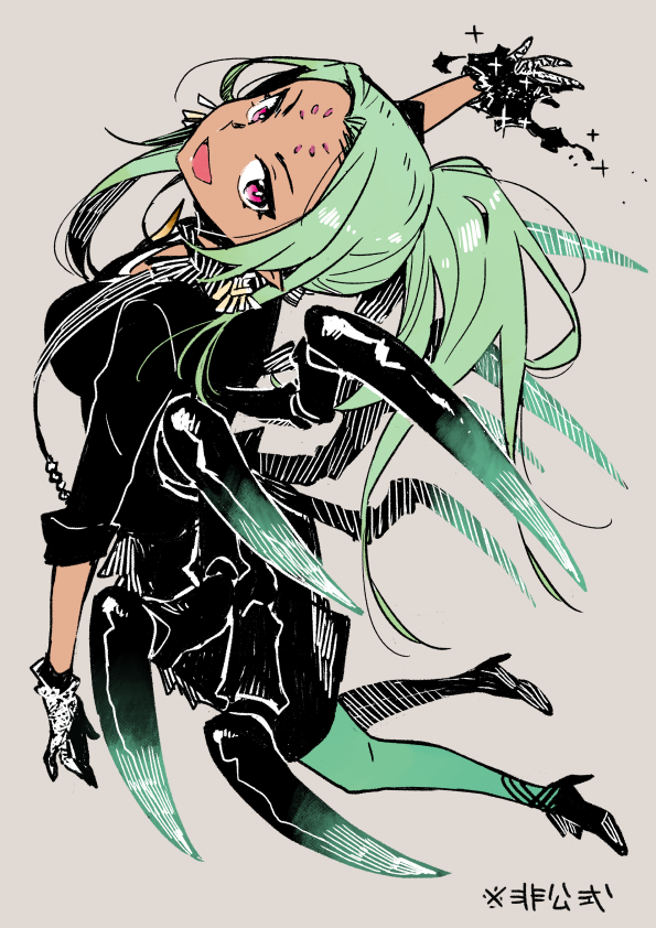 1girl, arachne_(housamo), arthropod_girl, arthropod_limbs, asymmetrical_hair, black_gloves, black_skirt, breasts