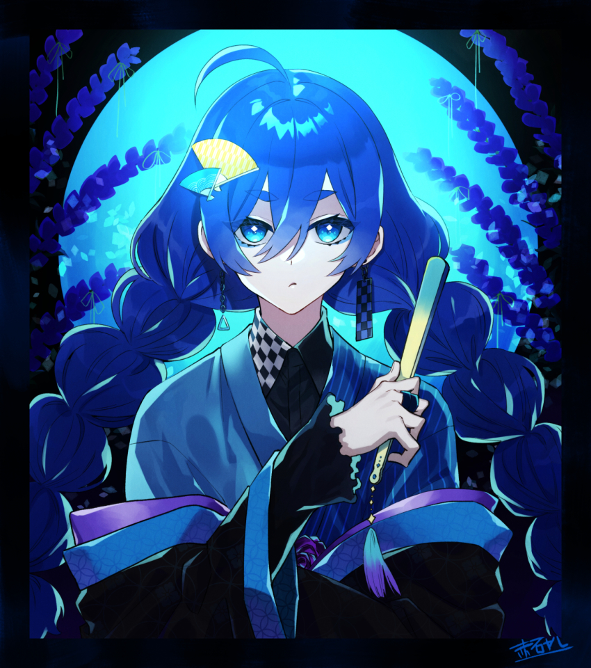 1girl, ahoge, akaishi_yashi, blue_eyes, blue_hair, earrings, eyeshadow, fan_hair_ornament