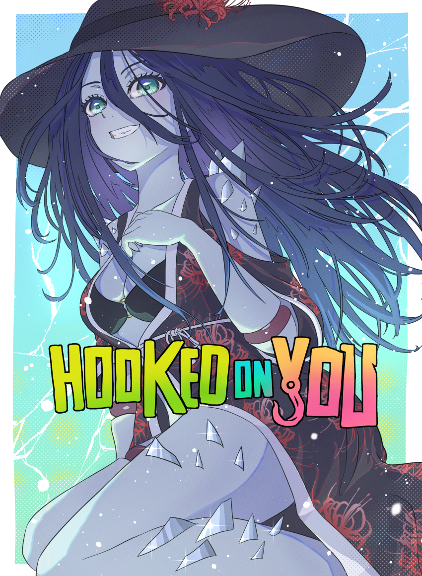 1girl, absurdres, bikini, black_bikini, black_hat, black_robe, blue_eyes, blue_hair, blue_skin, breasts, cleavage, clothing_cutout, collarbone, colored_skin, copyright_name, dead_by_daylight, hair_between_eyes, hat, highres, hooked_on_you, long_hair, mardrom, print_robe, robe, shoulder_cutout, smile, solo, swimsuit, the_spirit_(dead_by_daylight), witch_hat