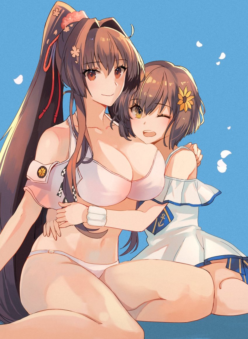 2girls, bikini, blue_background, breasts, brown_hair, cleavage, collarbone, dress, flower, hair_flower, hair_intakes, hair_ornament, highres, hug, kantai_collection, kasumi_(skchkko), kneeling, large_breasts, long_hair, looking_at_viewer, multiple_girls, navel, official_alternate_costume, one_eye_closed, open_mouth, ponytail, short_hair, sidelocks, simple_background, smile, sundress, swimsuit, very_long_hair, white_bikini, yamato_(kancolle), yamato_kai_ni_(kancolle), yamato_kai_ni_(swimsuit)_(kancolle), yukikaze_(kancolle), yukikaze_(summer)_(kancolle)