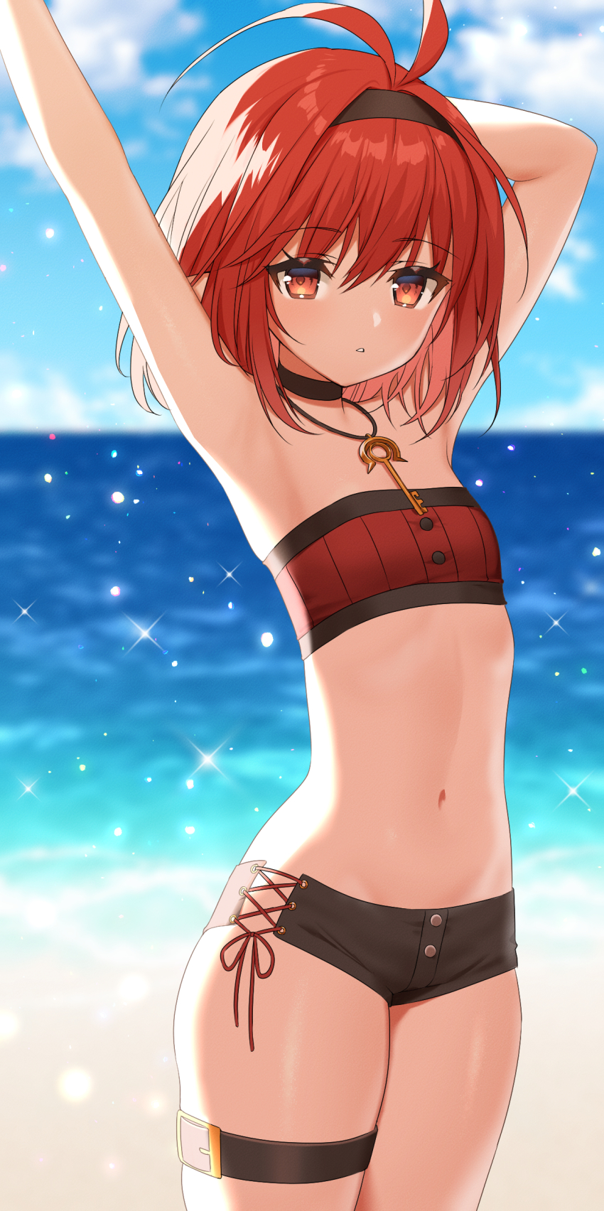 1girl, absurdres, antenna_hair, arm_behind_head, armpits, arms_up, backlighting, bandeau, bare_arms, bare_shoulders, black_choker, black_shorts, breasts, choker, clothing_cutout, cowboy_shot, day, dungeon_and_fighter, expressionless, female_mage_(dungeon_and_fighter), flat_chest, hairband, highres, jewelry, looking_at_viewer, micro_shorts, midriff, navel, necklace, no_panties, outdoors, parted_lips, red_eyes, red_hair, short_hair, shorts, side_cutout, small_breasts, solo, standing, stomach, strapless, summoner_(dungeon_and_fighter), thigh_strap, thighs, tube_top, usamero