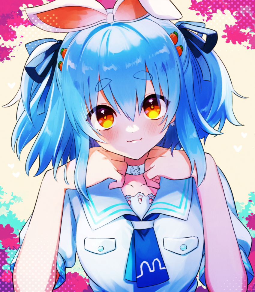 1girl, :3, akaishi_yashi, animal_ears, blue_hair, blush, carrot_hair_ornament, choker