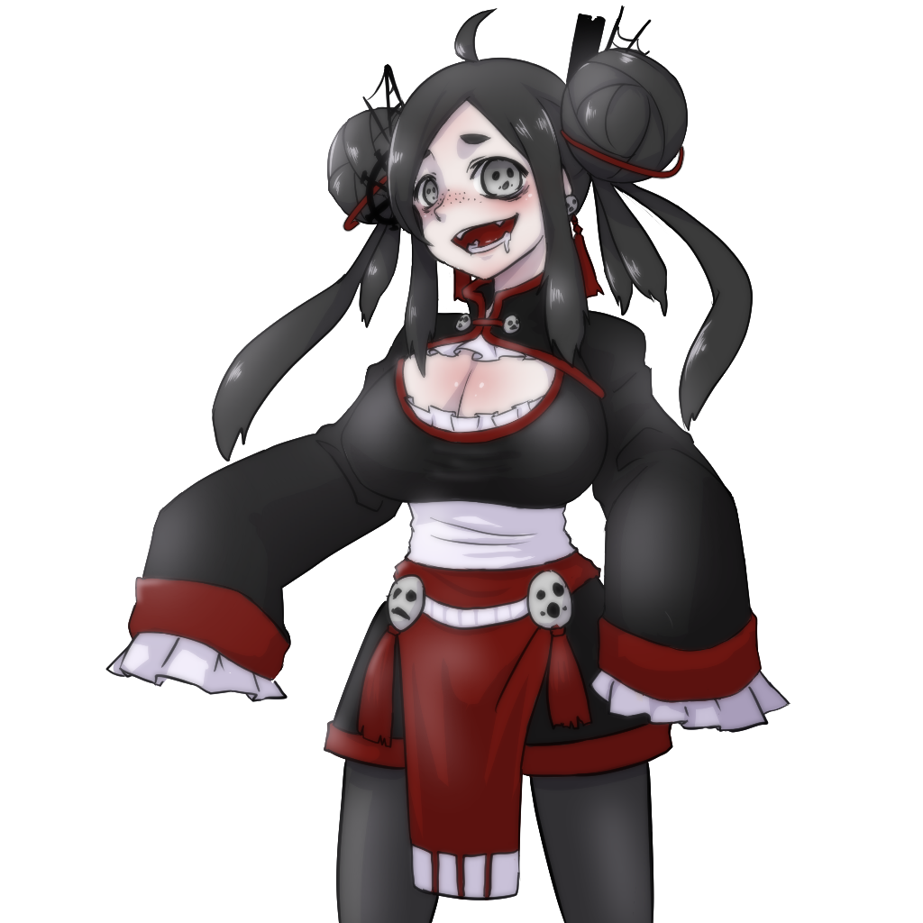 1girl, ahoge, black_hair, blush, breasts, button_eyes, buttons, chinese_clothes