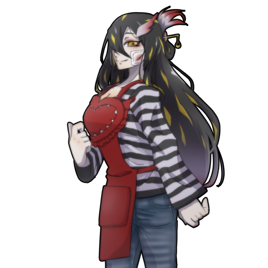 1girl, apocalypse_bird, apron, balance_scale, bandages, bandaid, bandaid_on_face, black_hair