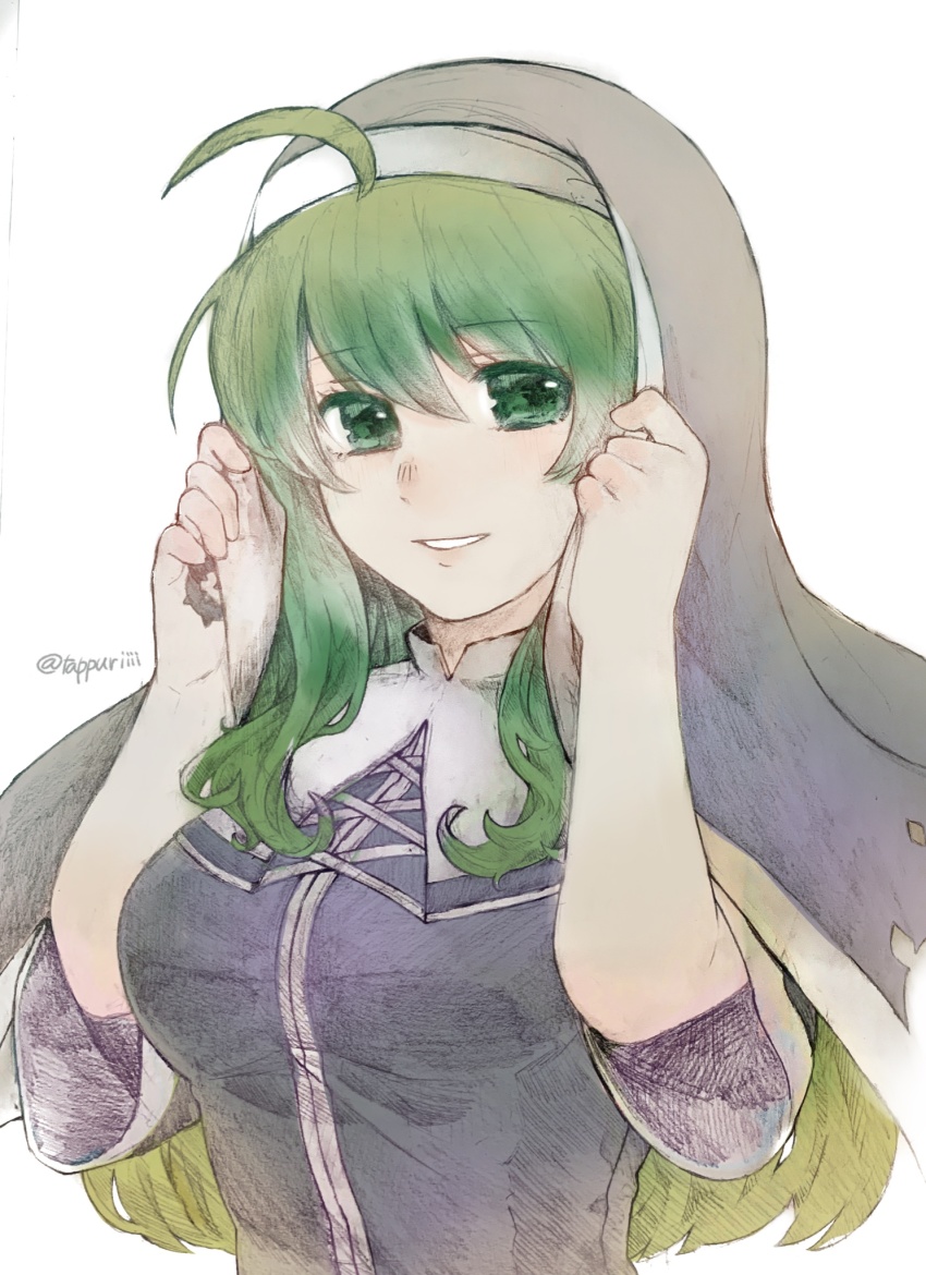 1girl, ahoge, breasts, chaba_ga_oishii, green_eyes, green_hair, hand_on_headwear, hand_tattoo