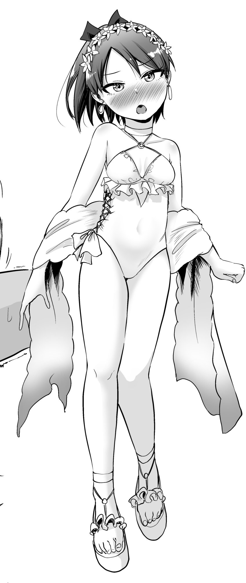 1girl, absurdres, blush, breasts, casual_one-piece_swimsuit, choker, cosplay, criss-cross_halter