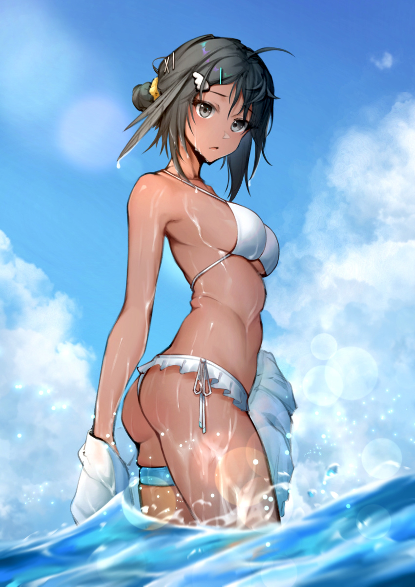 1girl, absurdres, ahoge, arknights, bikini, black_hair, blue_eyes, blue_sky, blush, breasts, cloud, cloudy_sky, cowboy_shot, dark-skinned_female, dark_skin, feather_hair, ghosty_(xiaobai), hair_ornament, hairclip, highres, jacket, jewelry, la_pluma_(arknights), la_pluma_(summer_flowers)_(arknights), looking_at_viewer, medium_breasts, off_shoulder, official_alternate_costume, open_clothes, open_jacket, outdoors, short_hair, side-tie_bikini_bottom, sideboob, sky, solo, swimsuit, tan, thighlet, wading, water, white_bikini, white_jacket