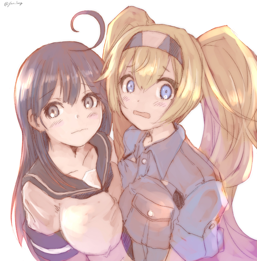2girls, ahoge, asymmetrical_docking, black_hair, blonde_hair, blue_eyes, blue_sailor_collar, blue_shirt