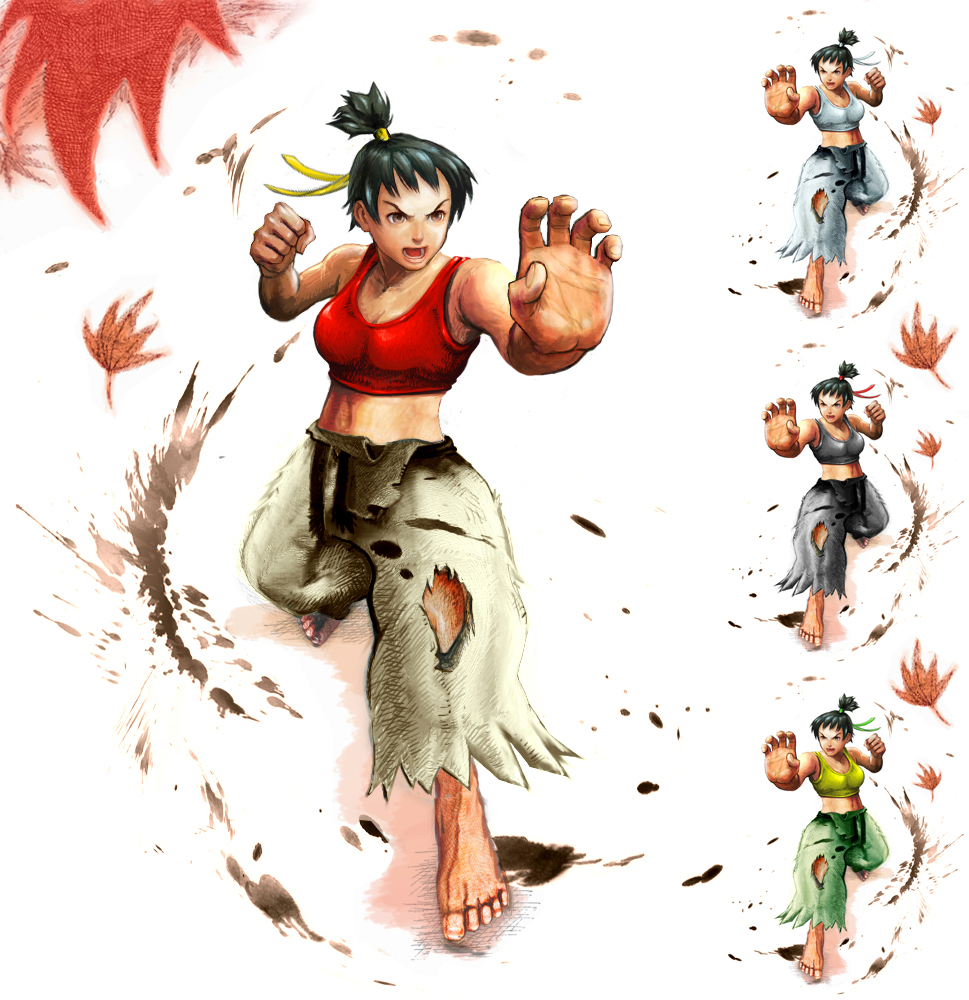 1girl, alternate_costume, alternate_hairstyle, barefoot, capcom, dougi, fighting_stance, kaiwai