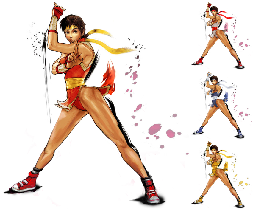 1girl, alternate_costume, capcom, capcom_vs._snk, capcom_vs._snk_2, cosplay, derivative_work, final_fight, genryuusai_maki, headband, kaiwai, kasugano_sakura, legs_apart, leotard, multiple_views, ninja, pelvic_curtain, shoes, short_hair, sneakers, street_fighter, street_fighter_iv_(series), third-party_edit, variations