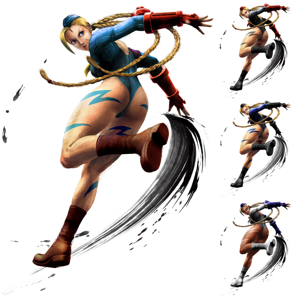 1990s_(style), 1girl, alternate_costume, ass, blue_leotard, braid, cammy_white, capcom, female_focus, full_body, garrison_cap, hat, kaiwai, leotard, retro_artstyle, ribbed_leotard, sleeved_leotard, solo, street_fighter, street_fighter_iv_(series), street_fighter_zero_(series), twin_braids