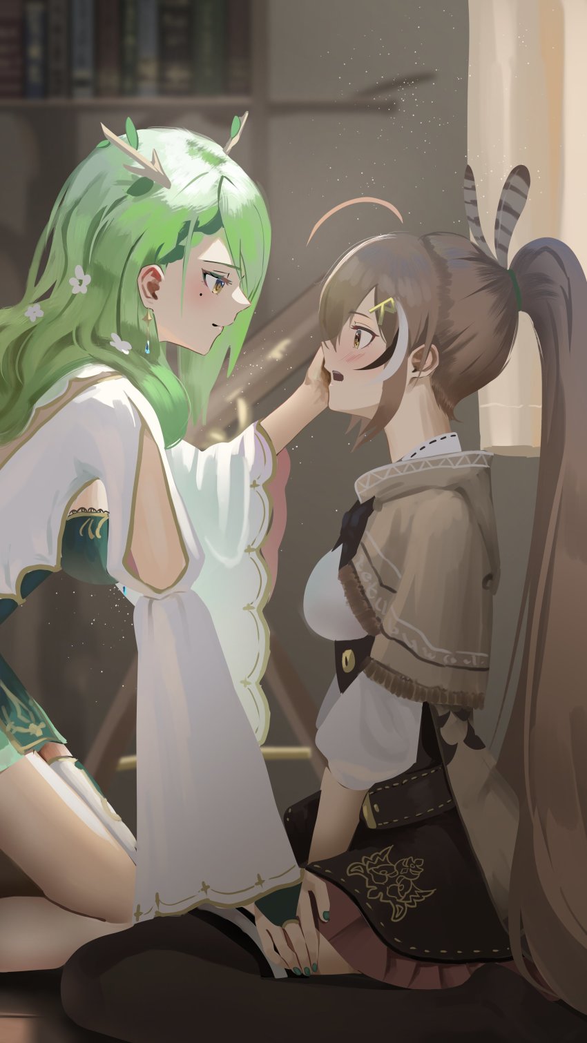 2girls, absurdres, ahoge, antlers, belt, book, branch, brown_capelet, brown_cloak, brown_corset, brown_eyes, brown_hair, cape, capelet, ceres_fauna, cloak, corset, curtains, dress, earrings, face-to-face, feather_hair_ornament, feathers, green_hair, hair_ornament, hairclip, hand_on_another's_face, hand_on_another's_thigh, highres, hololive, hololive_english, horns, jewelry, light_particles, long_hair, mole, mole_under_eye, multicolored_hair, multiple_girls, nail_polish, nanashi_mumei, nanashi_mumei_(1st_costume), pleated_skirt, ponytail, red_skirt, ribbon, shelf, shirt, single_thighhigh, skirt, smile, streaked_hair, thigh_strap, thighhighs, very_long_hair, virtual_youtuber, white_dress, white_shirt, yamaharu_(xxzf7284), yellow_eyes, yuri