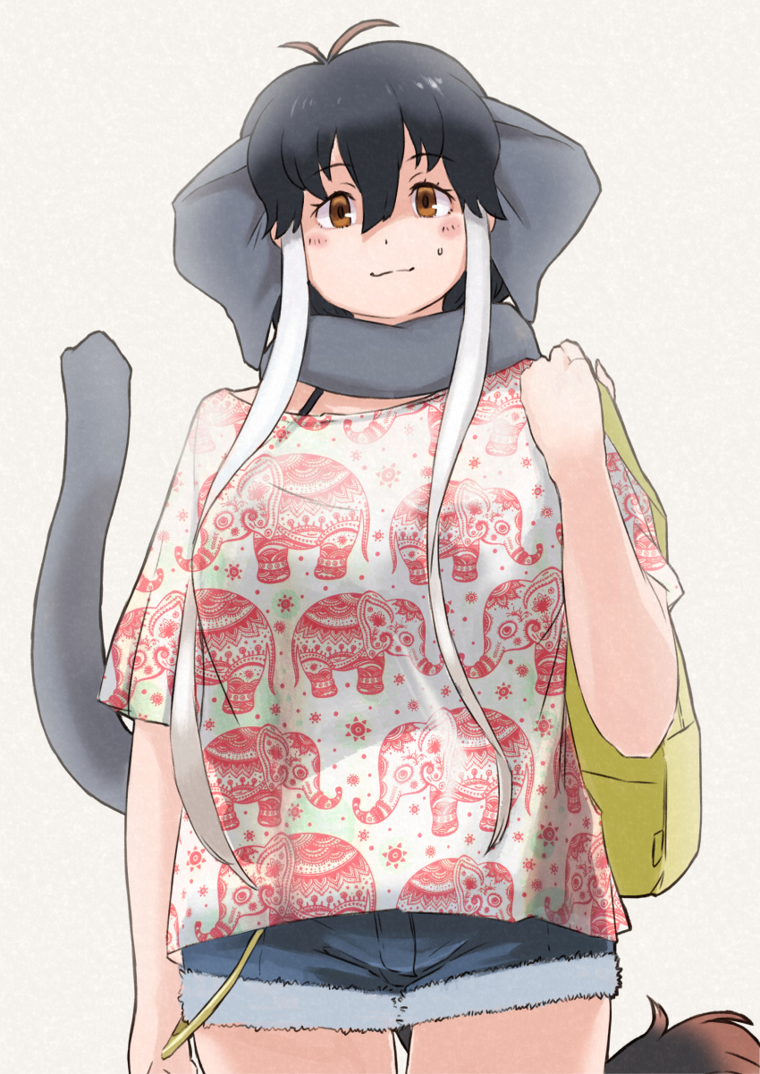 1girl, :3, absurdres, alternate_costume, animal_ears, bag, blush, borneo_elephant_(kemono_friends)