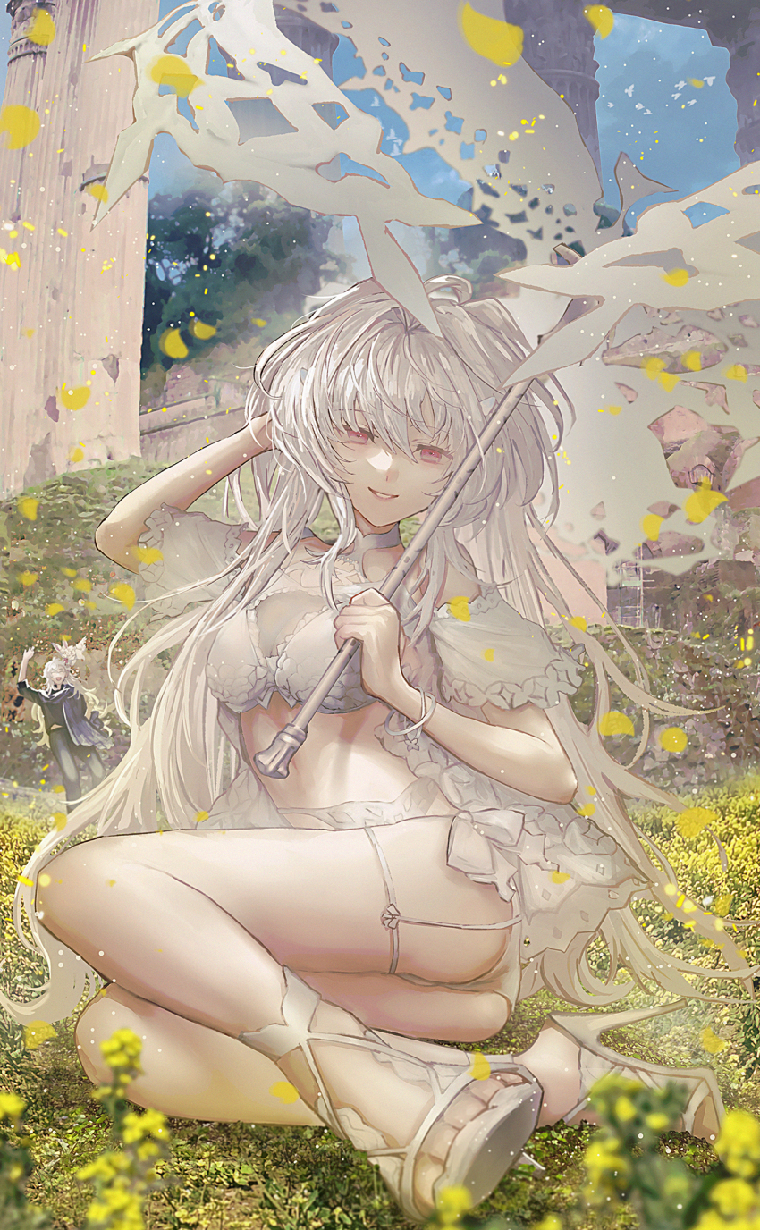 1boy, 1girl, bikini, breasts, cleavage, fate/grand_order, fate_(series), field