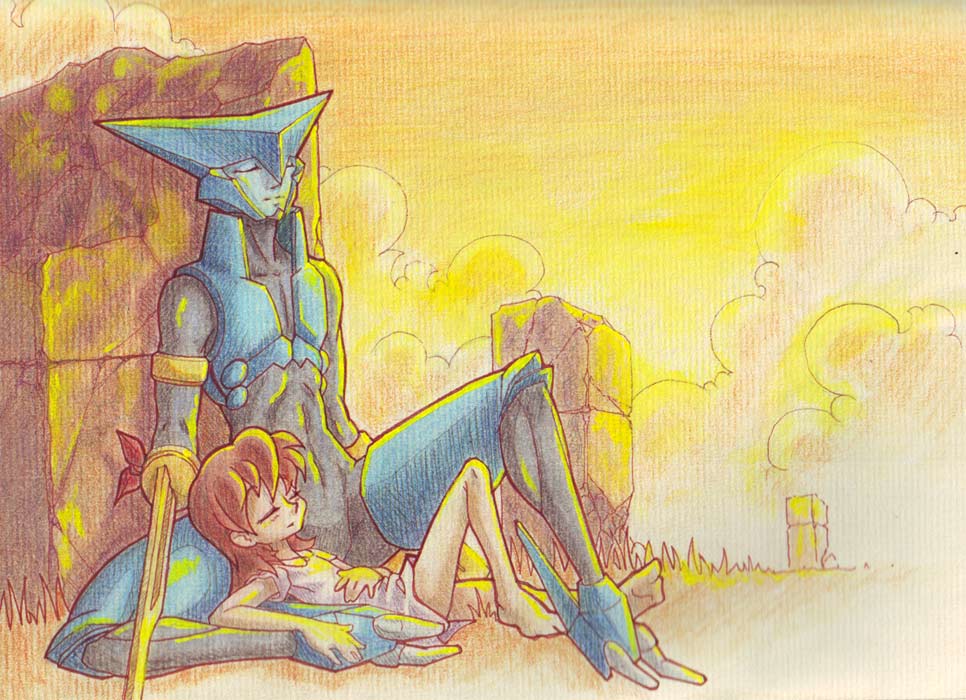 1boy, 1girl, against_wall, arm_blade, asagi_marin, barefoot, blue_skin, brigadoon, brown_hair, closed_eyes, cloud, colored_skin, lying, medium_hair, melan_blue, merideth_mulroney, on_back, outdoors, red_ribbon, ribbon, ruins, shirt, sitting, sky, sleeping, sunset, weapon, white_shirt, yellow_sky