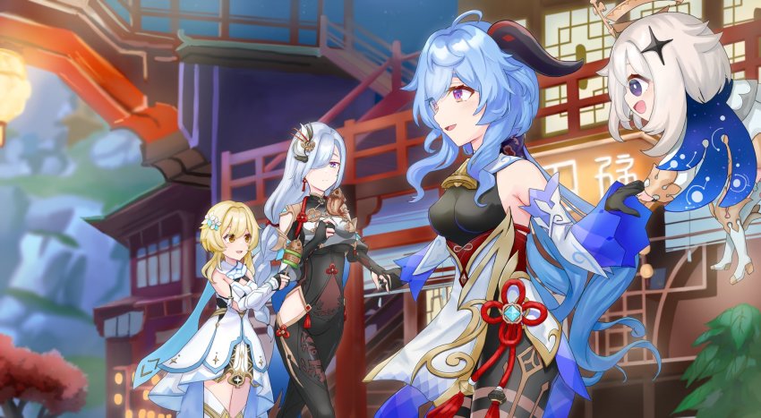 ahoge, architecture, bare_shoulders, bell, black_bodysuit, black_gloves, blonde_hair, blue_eyes