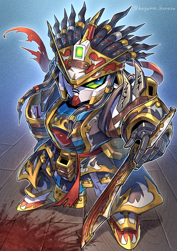 black_hair, blood, blue_eyes, colored_sclera, dreadlocks, edward_second_v, edward_teach_(fate), green_sclera, gundam, holding, holding_sword, holding_weapon, kinako_(karasu_nomaru), looking_to_the_side, mecha, robot, sd_gundam, sd_gundam_world_heroes, solo, standing, sword, twitter_username, victory_gundam_hexa, weapon