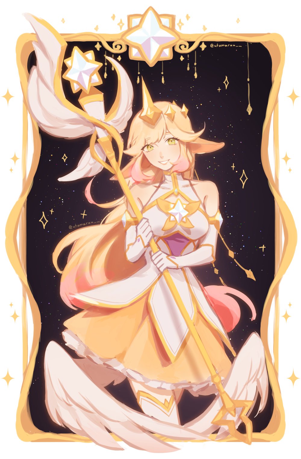 1girl, blonde_hair, commentary, dress, elbow_gloves, english_commentary, gloves, highres, horns, league_of_legends, long_hair, multicolored_dress, open_mouth, prestige_star_guardian_soraka, single_horn, smile, solo, soraka_(league_of_legends), staff, star_guardian_(league_of_legends), teeth, utamaruu, white_dress, white_gloves, white_wings, wings, yellow_eyes