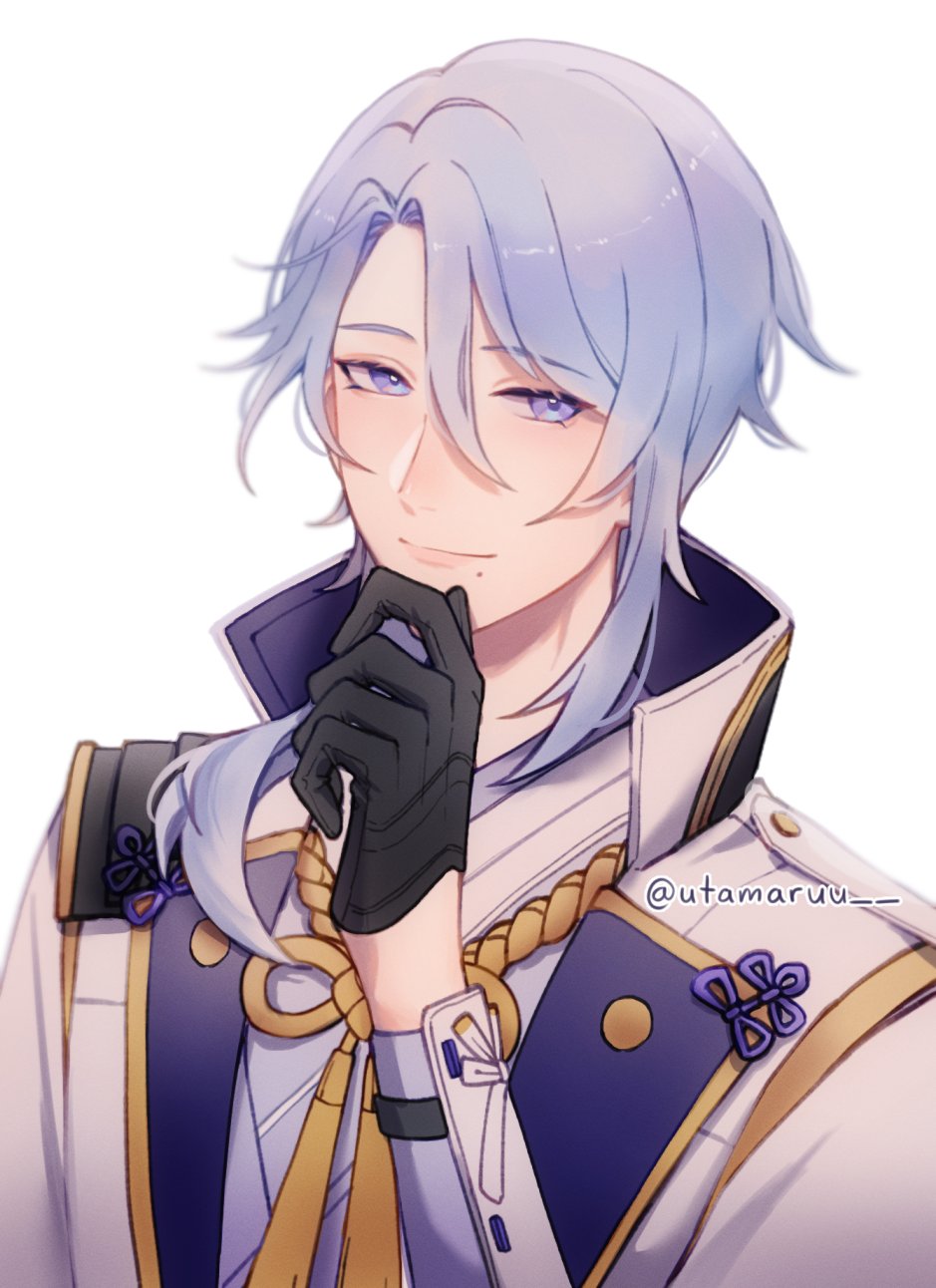 1boy, black_gloves, blue_eyes, blue_hair, commentary, genshin_impact, gloves, highres