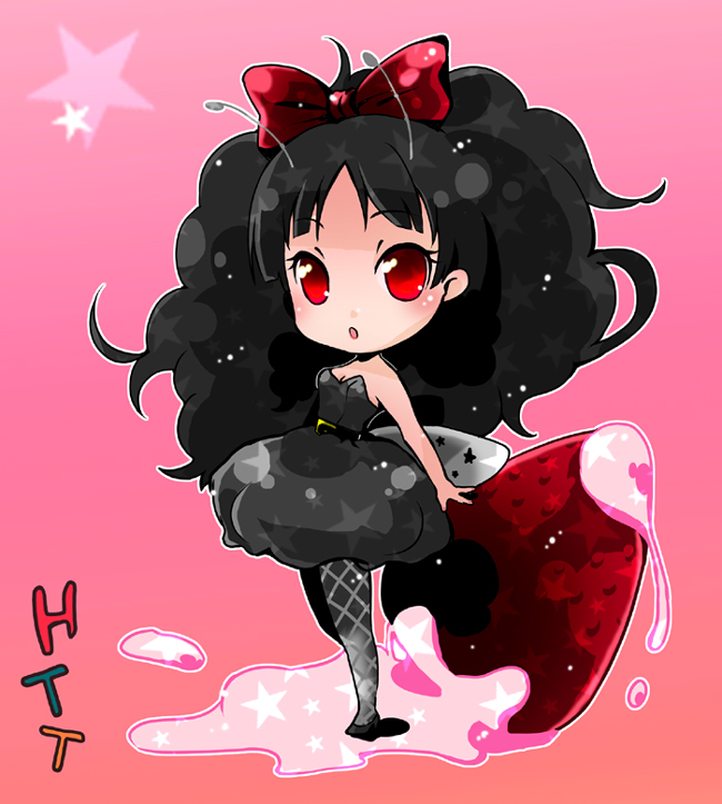 1girl, akiyama_mio, alternate_hairstyle, antennae, bad_id, bad_pixiv_id, dress, female_focus, fishnet_pantyhose, fishnets, food, fruit, halogen_heater, k-on!, listen!!, long_hair, mini_person, minigirl, nika_(intention), pantyhose, red_eyes, ribbon, solo, strapless, strapless_dress, strawberry, thighhighs, wings