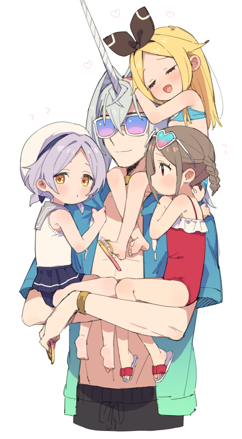 1boy, 3girls, ?, ??, age_difference, alice_(moyori), armpit_crease, bare_shoulders