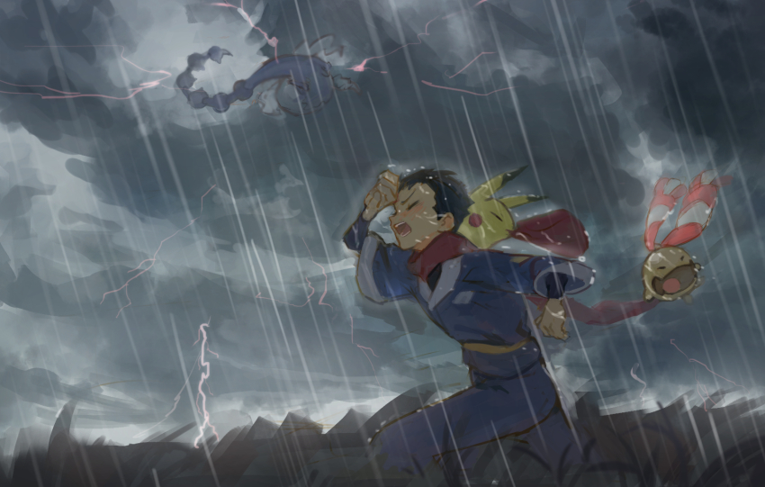 1boy, black_hair, blue_jacket, blue_pants, chingling, closed_eyes, cloud, cloudy_sky