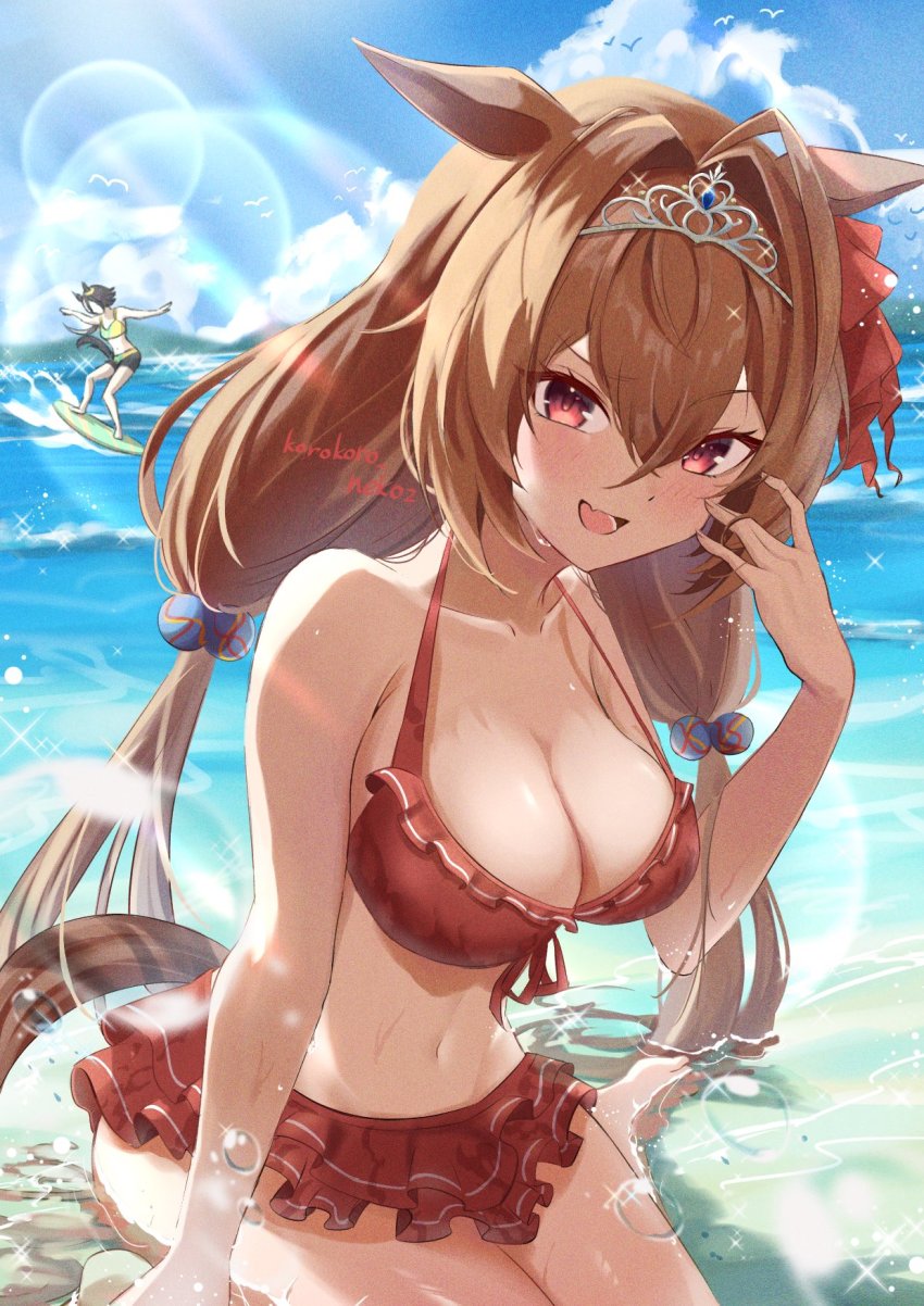 2girls, :d, animal_ears, artist_name, bikini, bikini_skirt, breasts, brown_hair