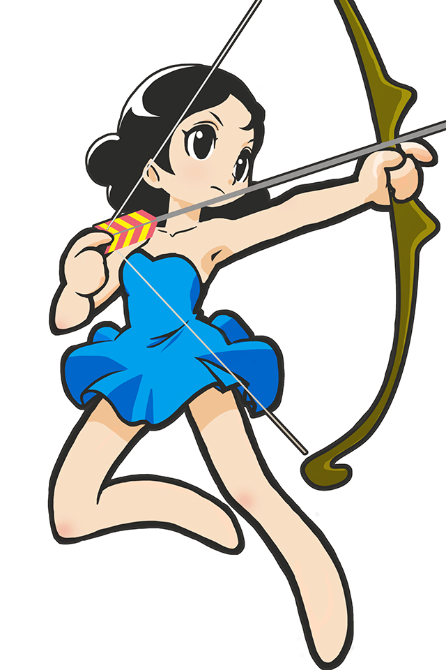 1940s_(style), 1girl, arrow_(projectile), black_eyes, black_hair, blue_dress, bow_(weapon), dress