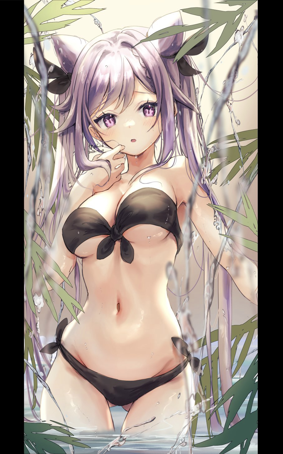 1girl, :o, bikini, black_bikini, blush, braid, breasts, cowboy_shot, double_bun, genshin_impact, gluteal_fold, hair_bun, highres, keqing_(genshin_impact), looking_at_viewer, medium_breasts, miruko_tete, navel, open_mouth, partially_submerged, purple_eyes, purple_hair, solo, stomach, swimsuit, twintails, underboob