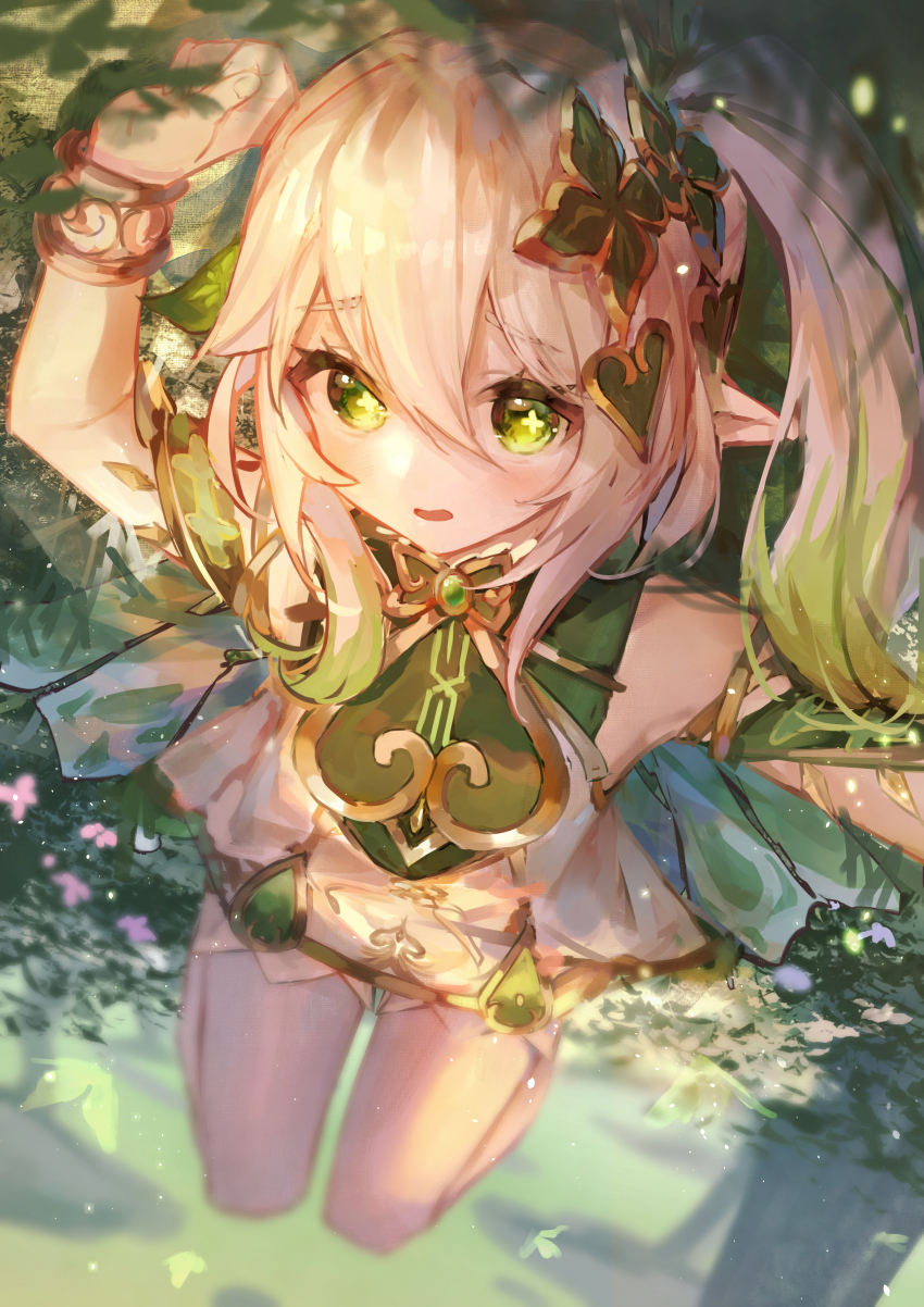1girl, absurdres, bare_shoulders, dress, elf, genshin_impact, grass, green_eyes