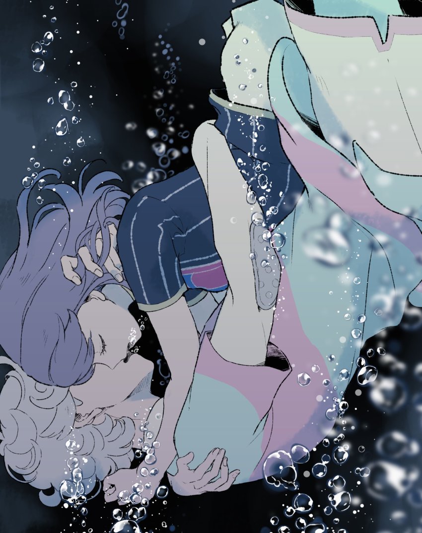 1boy, 1girl, 9no_kabe, air_bubble, bede_(pokemon), black_shirt, blurry, bubble