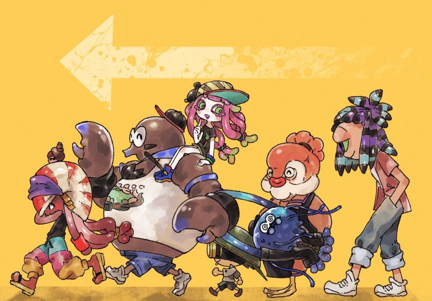 1girl, 6+boys, @_@, ^_^, apron, baseball_cap, black_jacket, black_shirt