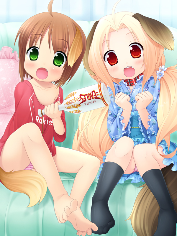 2girls, ahoge, animal_ears, barefoot, blonde_hair, blush, brown_hair, child, chunichi_dragons, clothes_writing, collar, dog_ears, dog_tail, fang, feet, green_eyes, inuarashi, japanese_clothes, legs, lolita_fashion, long_hair, meiko_(inuarashi), multiple_girls, nippon_professional_baseball, no_pants, original, panties, pantyshot, pink_panties, raki_(konechi), red_eyes, short_hair, socks, soles, spread_toes, striped_clothes, striped_panties, tail, toes, touhoku_rakuten_golden_eagles, underwear, wa_lolita