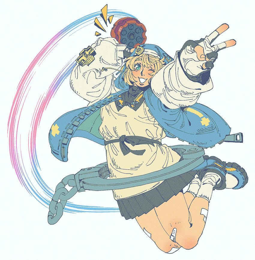 1boy, aqua_eyes, bandaid, bandaid_on_knee, bandaid_on_leg, blonde_hair, bridget_(guilty_gear), commentary