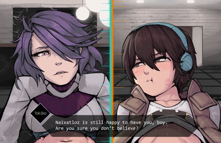 1boy, 1girl, ai_the_somnium_files, boxman, breasts, brown_eyes, brown_hair, clothes, dialogue_box, enda_shoma, english_text, hair_over_one_eye, headphones, highres, lipstick, lipstick_mark, looking_at_viewer, lying, makeup, medium_breasts, medium_hair, purple_eyes, purple_hair, shigure_tokiko, short_hair