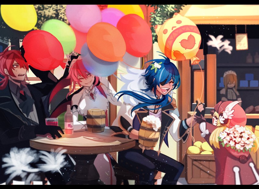 2boys, 3girls, ^_^, absurdres, ahoge, anger_vein, ascot, balloon