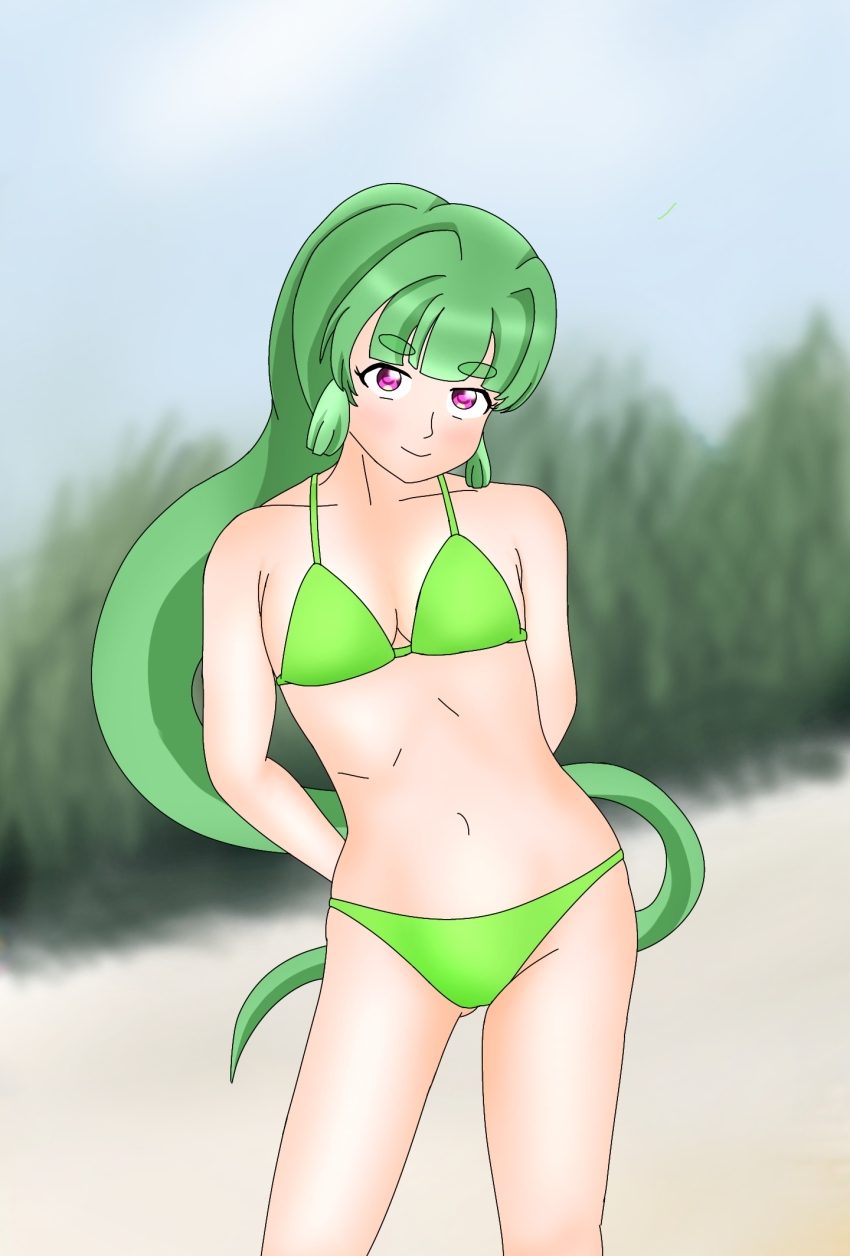 1girl, bikini, breasts, cleavage, green_bikini, green_hair, highres, ponytail