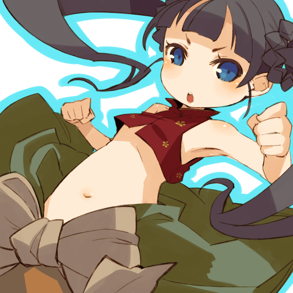 1girl, armpits, atlus, black_hair, blue_eyes, etrian_odyssey, female_focus, flapper_shirt