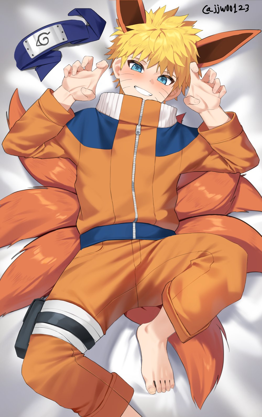 1boy, animal_ears, barefoot, bed, bed_sheet, blonde_hair, blue_eyes, commentary_request