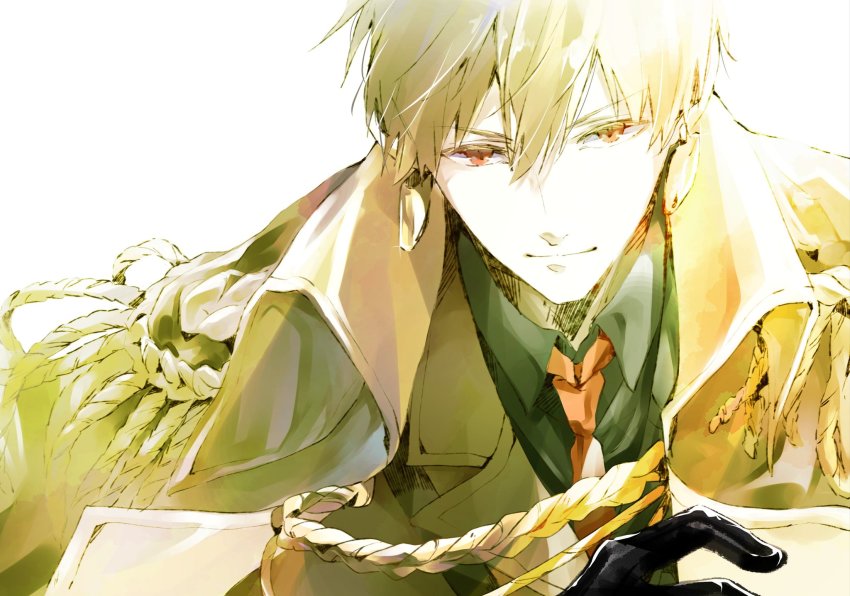 1boy, black_gloves, black_shirt, blonde_hair, closed_mouth, collared_shirt, earrings, fate/extella