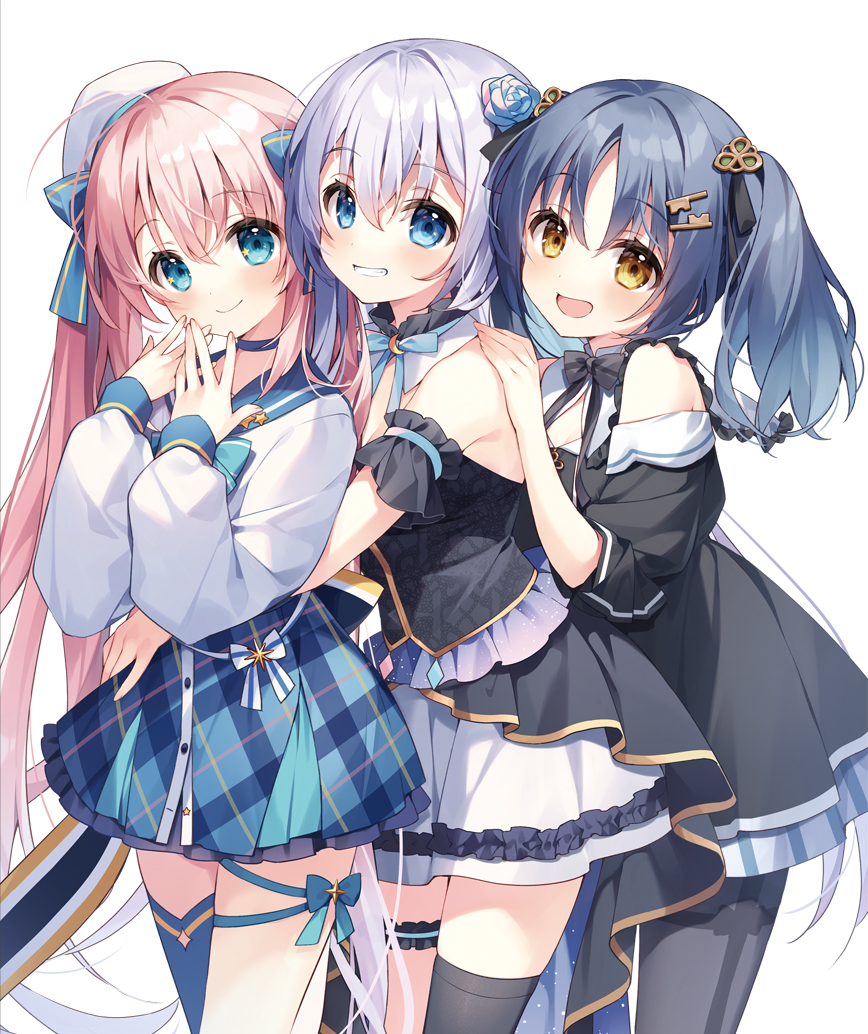 3girls, :d, bare_shoulders, beret, black_dress, black_hair, black_pantyhose, black_shirt