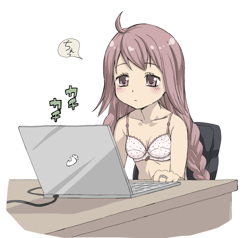 1girl, ahoge, blush, bra, braid, cable, carrot, chair, closed_mouth, computer, desk, dot_nose, himuro_lavi, jewelry, laptop, long_hair, low-tied_long_hair, low_twin_braids, magia_record:_mahou_shoujo_madoka_magica_gaiden, mahou_shoujo_madoka_magica, muted_color, on_chair, pink_eyes, pink_hair, polka_dot, polka_dot_bra, ring, sidelocks, simple_background, solo, swept_bangs, twin_braids, twintails, underwear, underwear_only, upper_body, very_long_hair, white_background, white_bra, you2