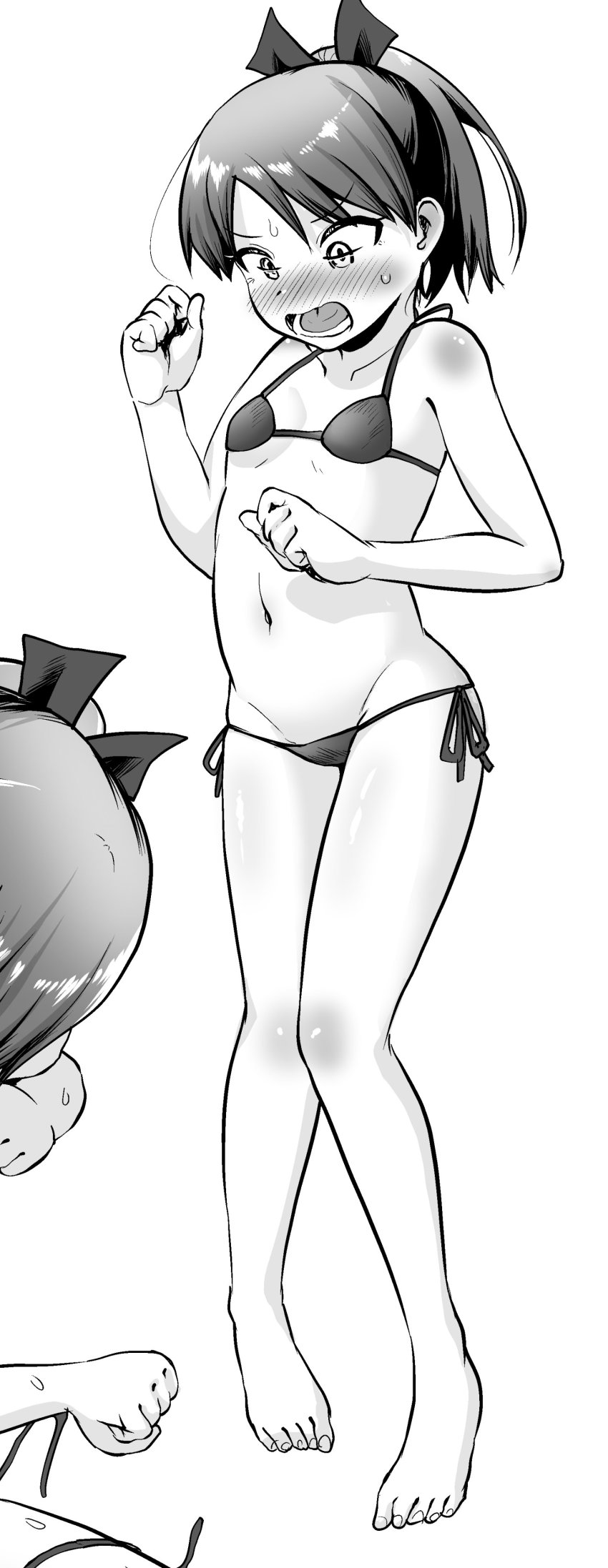 1girl, absurdres, barefoot, bikini, breasts, commentary_request, cosplay, full_body