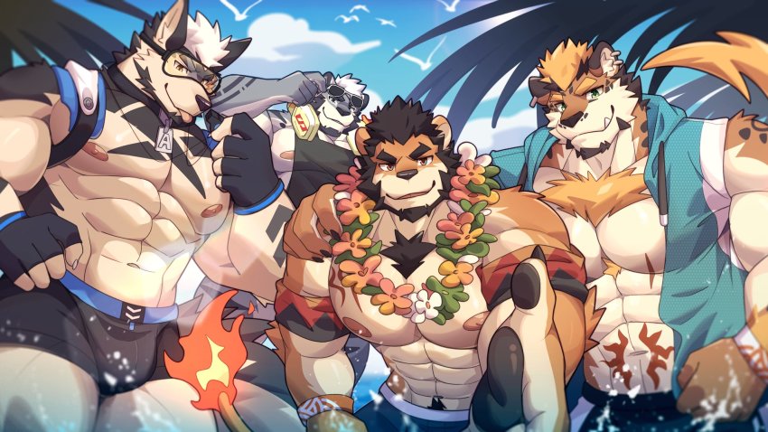 4boys, :p, abs, alca_(wakatanka4), alca_the_lion, animal_ears, arm_tattoo, bara, beach, beard, beckoning, beenic, black_hair, black_male_swimwear, bulge, chest_tattoo, dog_boy, dog_ears, eyewear_on_head, facial_hair, fang, fang_out, fingerless_gloves, flower, flower_necklace, forgetch_(chen0for), furrification, furry, furry_male, gloves, goggles, gyee, hand_on_another's_shoulder, headphones, headphones_around_neck, highres, jewelry, large_pectorals, lion_boy, lion_ears, lion_tail, looking_at_viewer, male_focus, male_swimwear, mature_male, multiple_boys, muscular, muscular_legs, muscular_male, navel, navel_hair, necklace, nipple_slip, nipples, original, outstretched_hand, pectorals, reaching, reaching_towards_viewer, romg, romg_the_jaguar, second-party_source, short_hair, sideburns, sidepec, smile, stomach, stomach_tattoo, sunglasses, swim_trunks, tail, tattoo, thick_eyebrows, thighs, tiger_boy, tiger_ears, tongue, tongue_out, topless_male, zixiong_zix_(character)