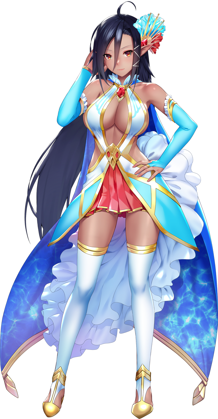 1girl, ahoge, artwhirl_mahou_gakuen_no_otome-tachi, black_hair, blue_sleeves, breasts, bridal_gauntlets, cleavage, closed_mouth, dark-skinned_female, dark_skin, detached_sleeves, full_body, hair_between_eyes, hair_ornament, hand_in_own_hair, hand_on_own_hip, highres, large_breasts, long_hair, long_sleeves, looking_at_viewer, mana_(remana), miniskirt, naru_(artwhirl), pink_skirt, pleated_skirt, pointy_ears, red_eyes, skirt, solo, standing, tachi-e, thighhighs, transparent_background, very_long_hair, white_thighhighs