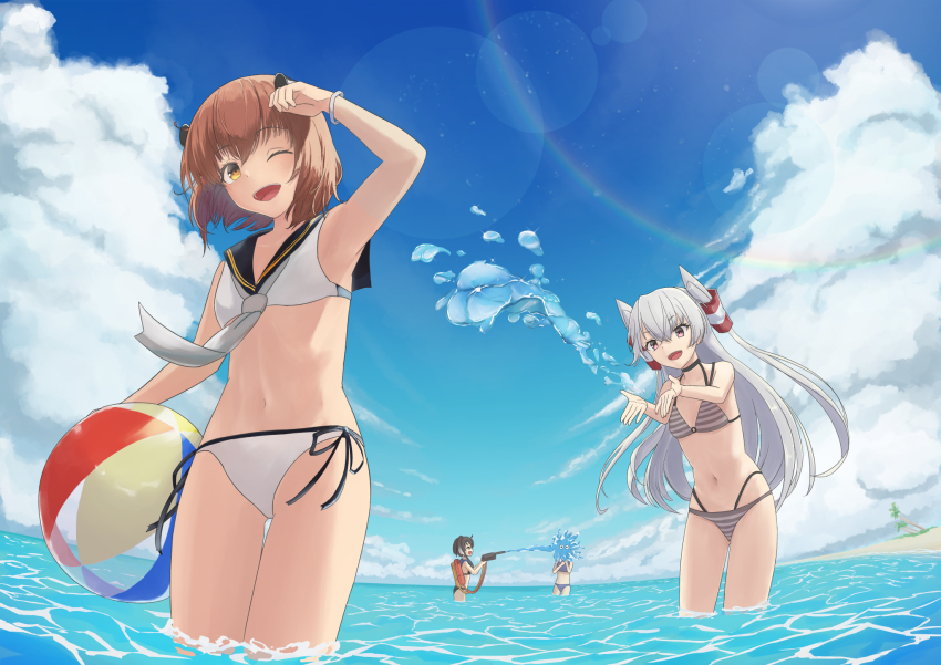 4girls, amatsukaze_(kancolle), ball, bare_arms, bare_legs, bare_shoulders, beachball, bikini