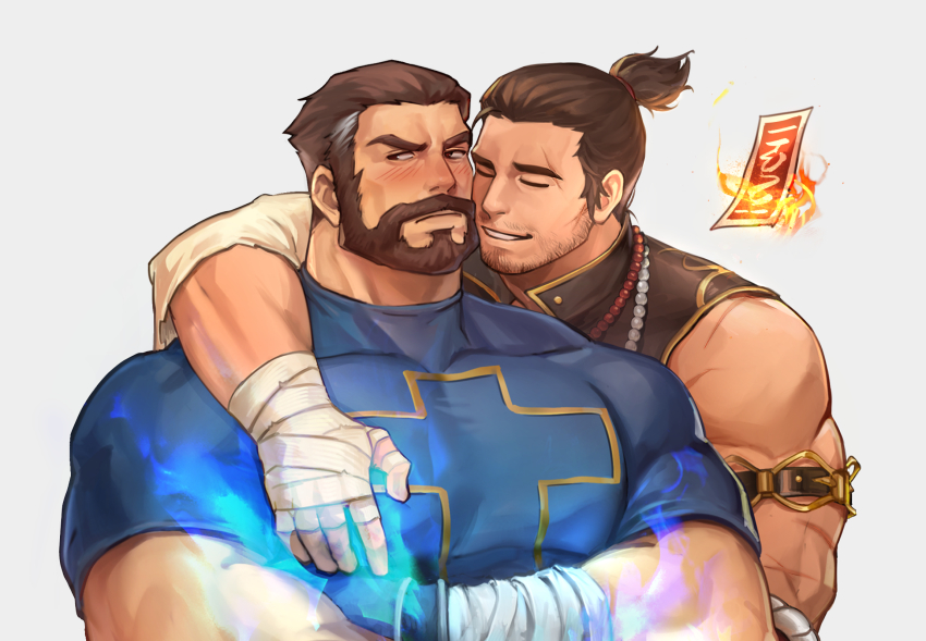 2boys, bandages, bara, beads, beard, black_tank_top, blue_fire, blue_shirt